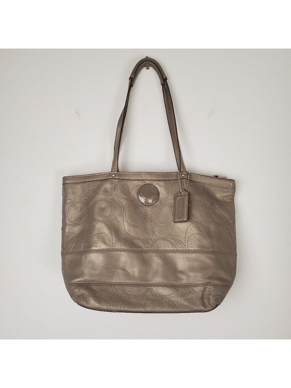 Coach Bronze C Signature Stitch Outline Leather Tote Shoulder Bag Purse
